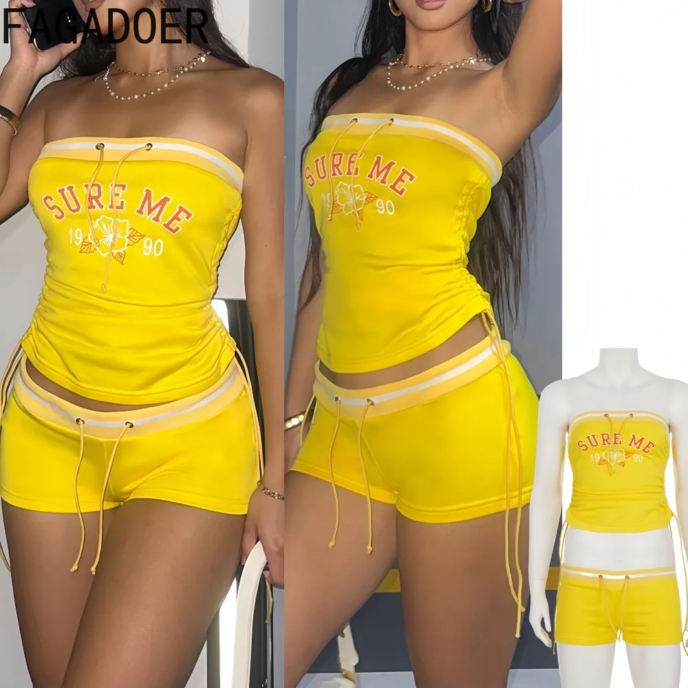 

FAGADOER Fashion Letter Print Two Piece Outfits Woman Sleeveless Backless Drawstring Patchwork Crop Top + Shorts Streetwear New