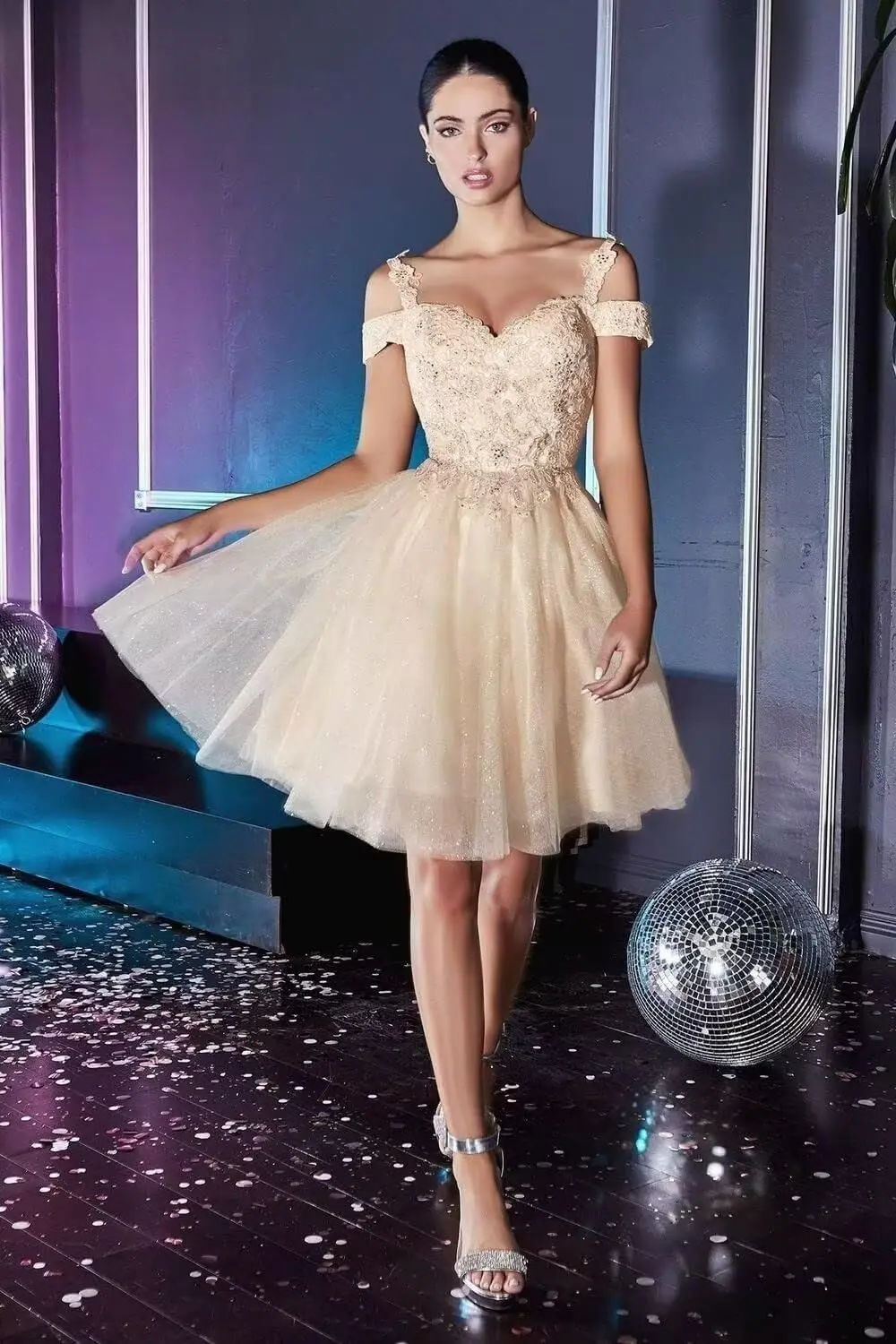 Shining Back To School Dress for Teenagers in 2025, Lace Applique Cold Shoulder Short Sleeved Chiffon Birthday Party Dance Dress