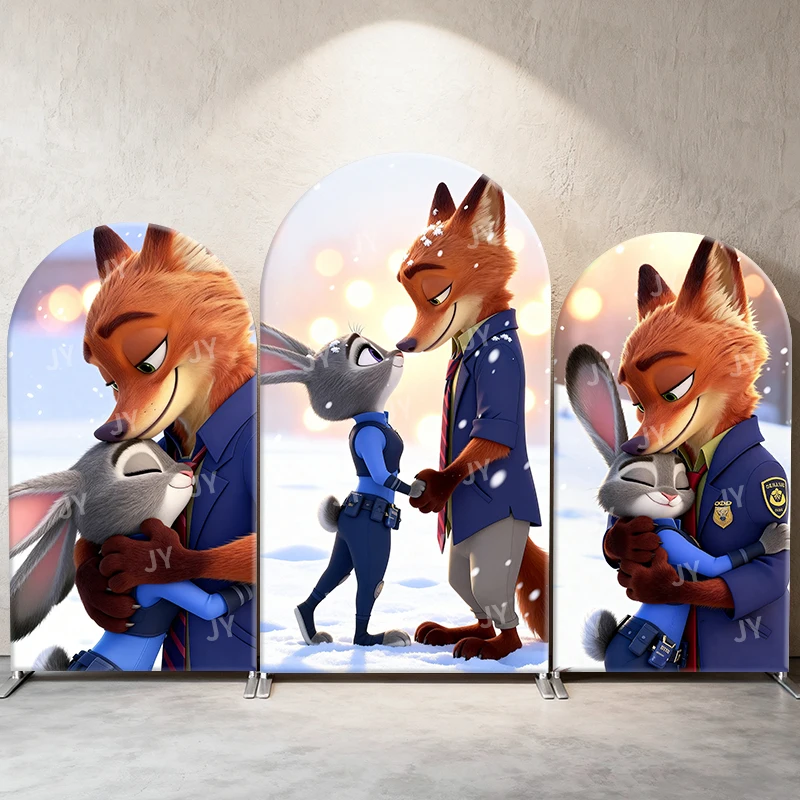 

Zootopia Nick Judy Arch Backdrop Cover Snow Sunset Hug Scene Cartoon Theme Kids Party Photo Booth Decor Background