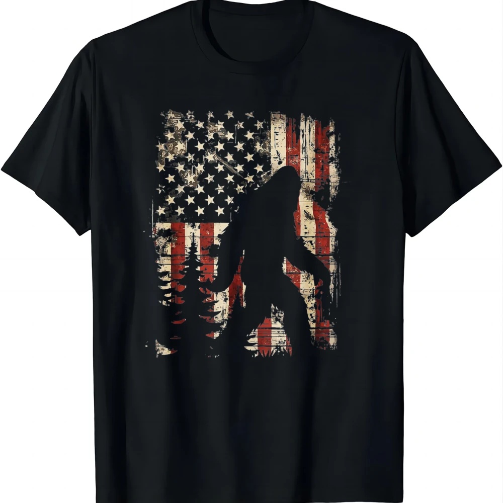 Bigfoot Sasquatch America Flag Patriotic Men Women Kids T-Shirt Unisex Tee Graphic T Shirt Black and White High Contrast Gothic