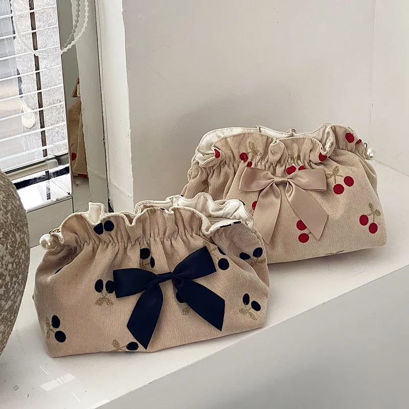2026Soft Corduroy Cherry Print Corduroy Cosmetic Bag for Women Large Capacity Make-up Lipstick Bags Women Travel Storage Bag Sac