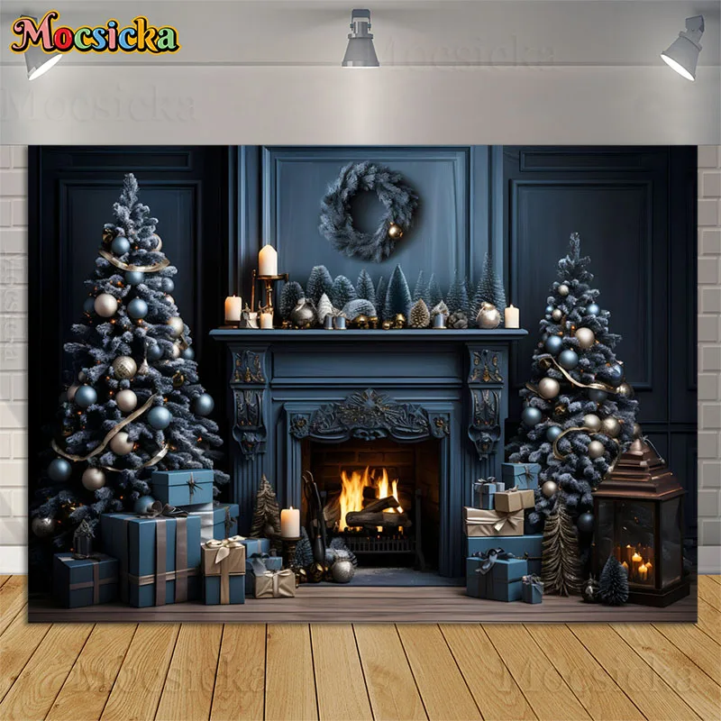 

Christmas Family Portrait Photo Background Xmas Tree Fireplace Blue Classic Wall Photography Props Kids Portrait Backdrop Studio