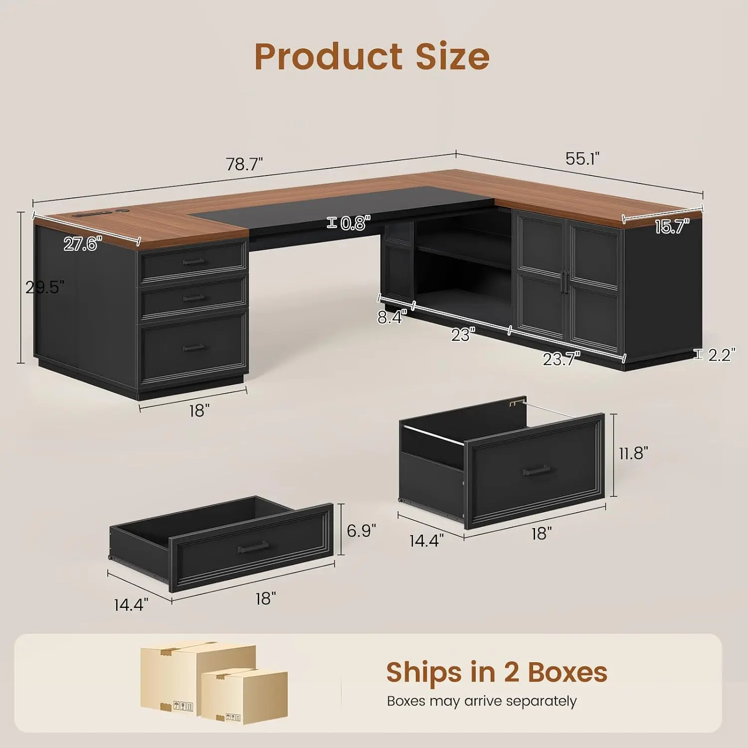 L Shaped Executive Desk With Charging Station, File Drawers, Adjustable Cabinet, CPU Stand, Office Desk, 78.7
