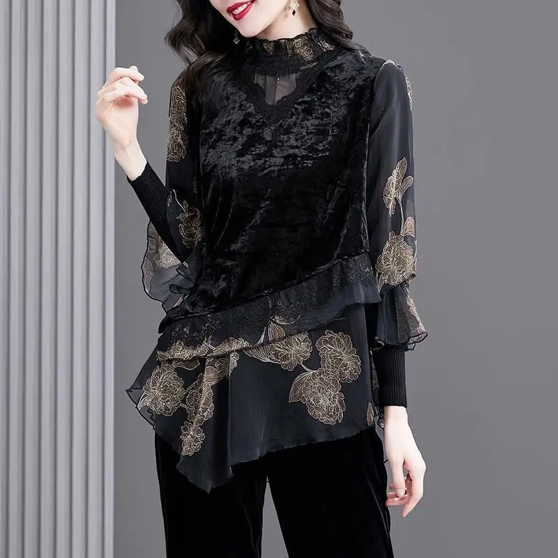 

Lace Splicing Printed Half High Neck Pullover Shirt for Women Spring Autumn Temperament Elegant Blouse Top Trendy Women Clothing