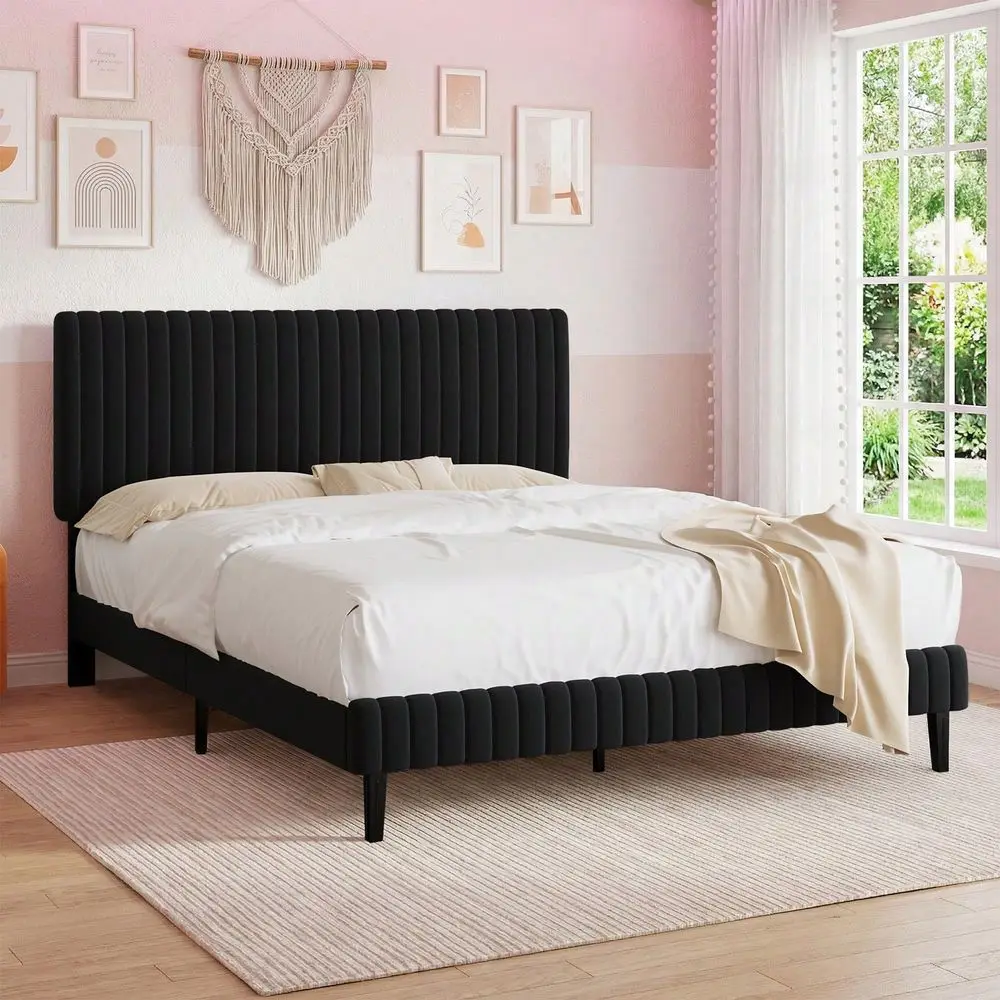 Full Queen King Upholstered Size Bed Frame, Adjustable Velvet Headboard, Modern Bed Frame With Horizontal Channel Design, Stron