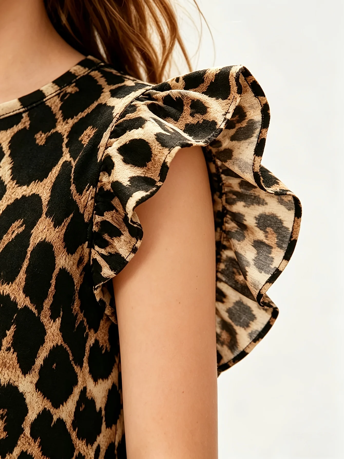 Freizeitrock für Mädchen, Kleid mit Leopardenmuster und Flatterärmeln für den Sommer, geeignet für Kinder im Alter von 4–12 Jahren, vielseitige Kleidung für den täglichen Freizeitgebrauch, zum Einkaufen, für den Urlaub und für die Schule – Detail 6