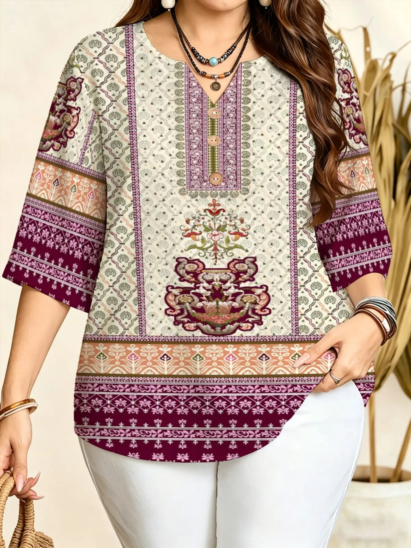 Women Notch V Neck 3/4 Sleeve Blouse Ethnic Paisley Floral Elephant Geometric Print Boho Vacation Loose Tops