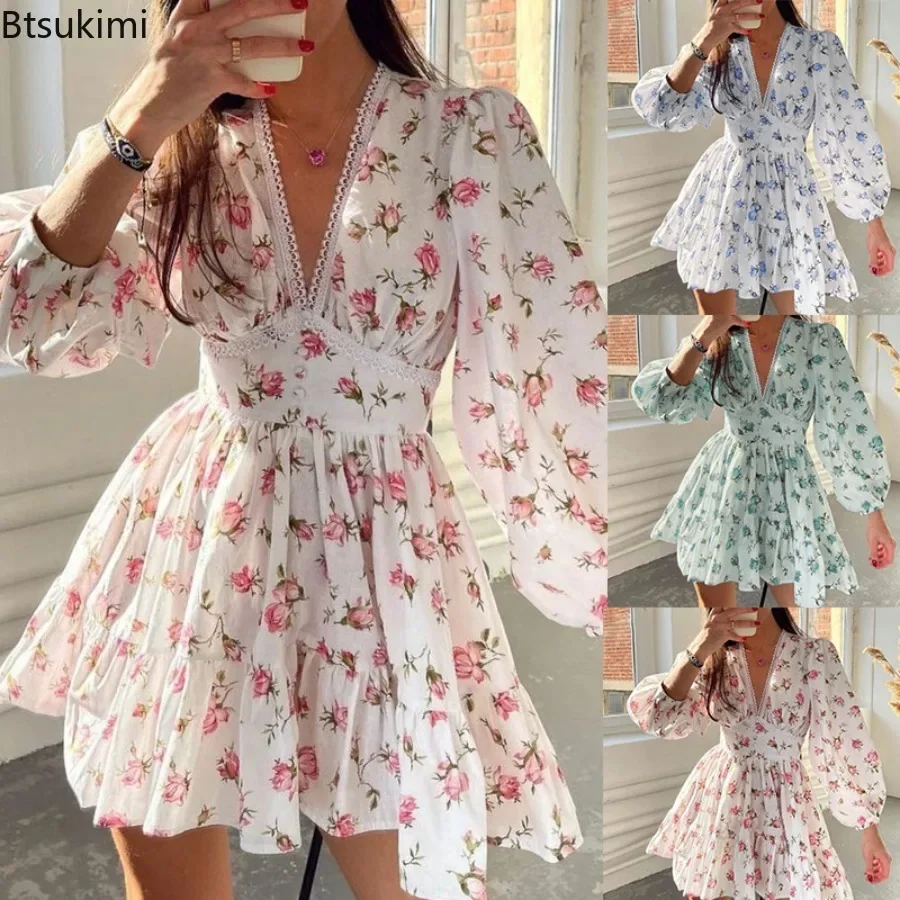 

2025 Women's Floral Print Mini Dresse Fashion V-neck High Waist Long Sleeve A-Line Dress Summer Vintage Vacation Casual Vestidos