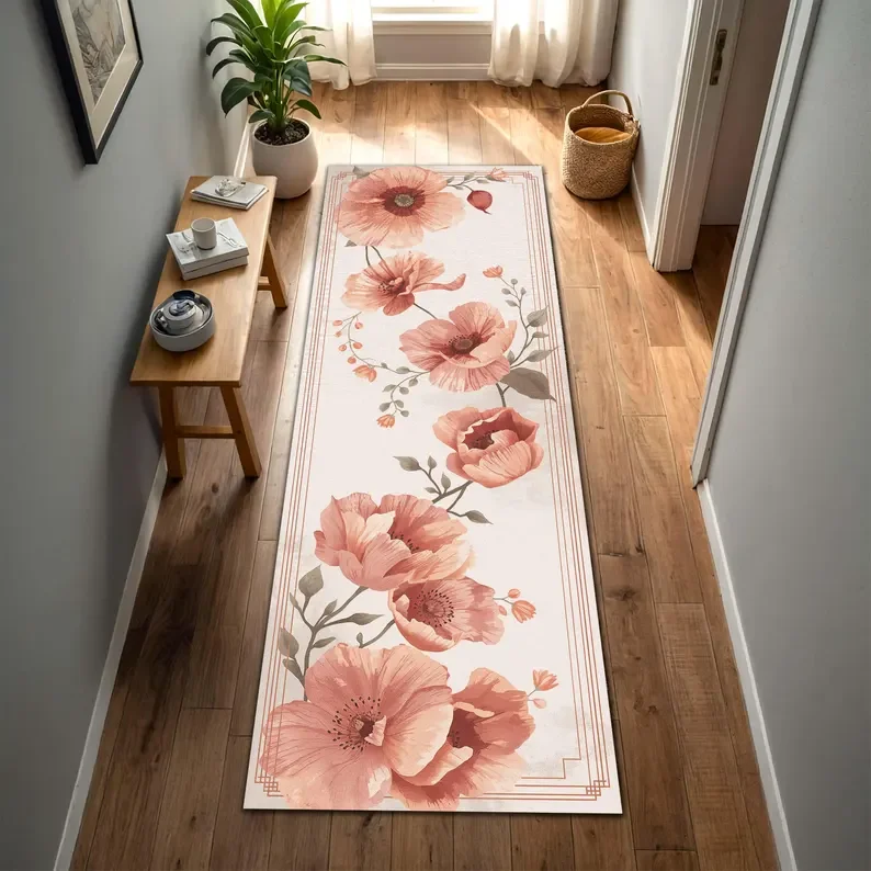 Blush Poppy Floral Runner Rug Watercolor Botanical Hallway Runner Vintage Peach Flower Floor Mat for Entryway Kitchen Boho Decor