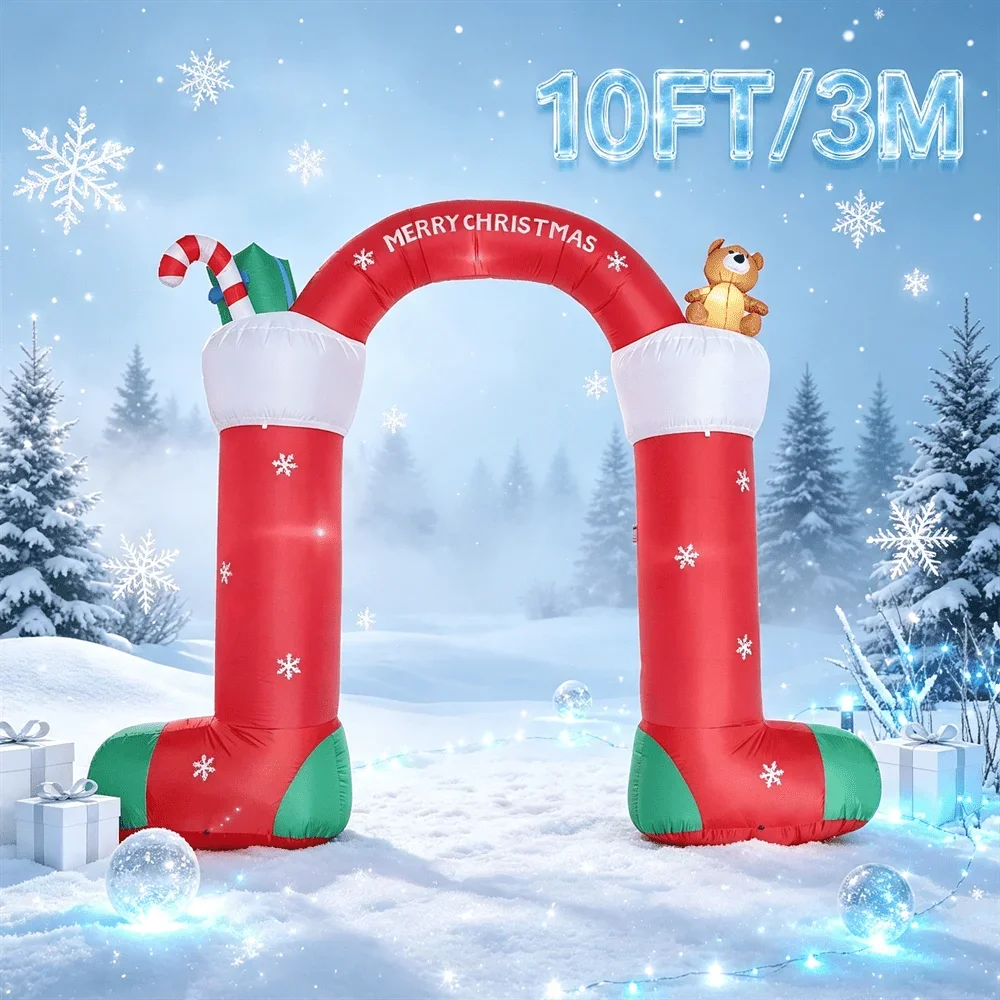 10FT/3M Christmas Inflatable Model Toy Build-in LED Light Up Giant Stocking Archway Inflatable Outdoor Yard Xmas Decoration