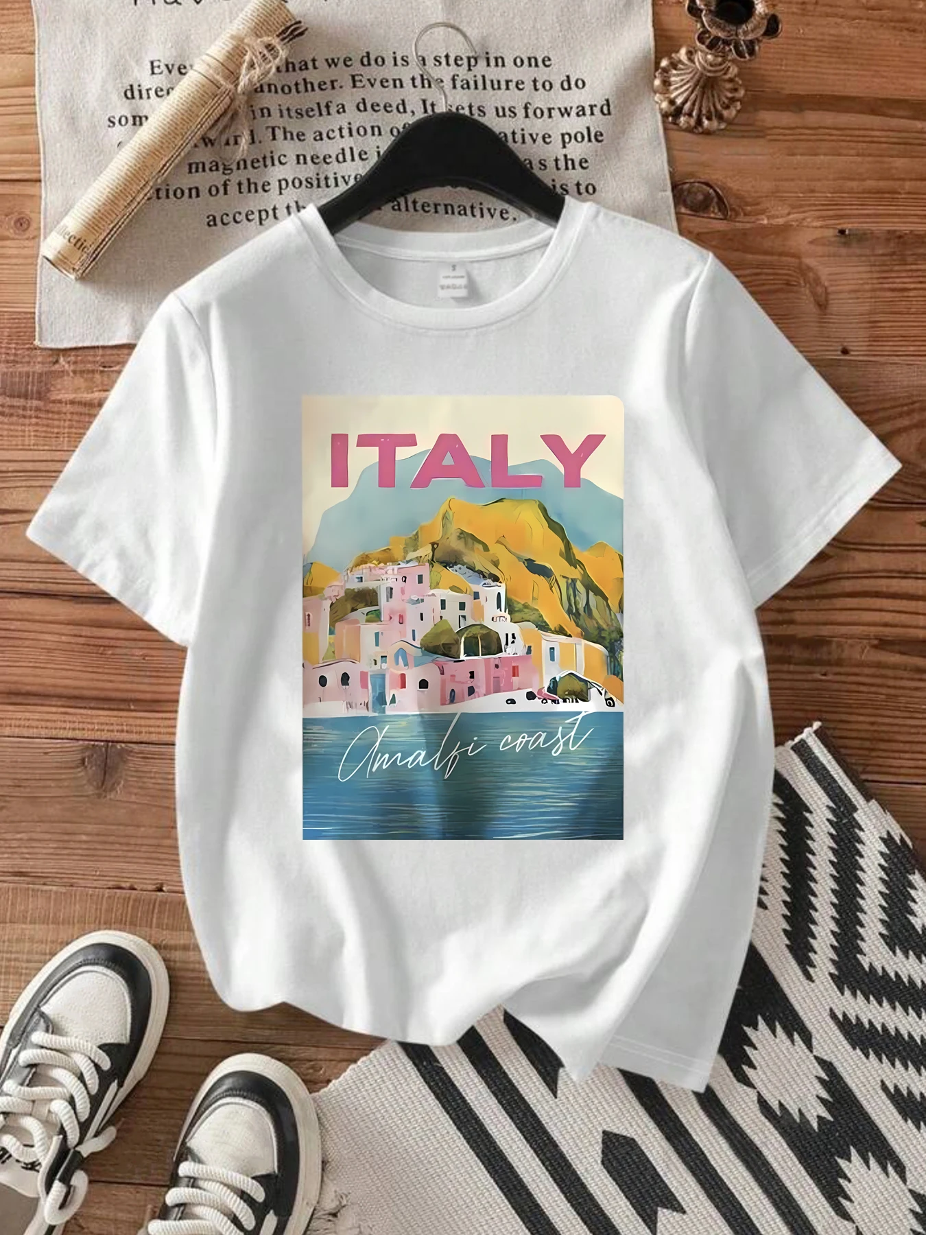 

Seaside city Plus size women round neck short sleeve T-shirt with elastic half sleeves and trendy prints