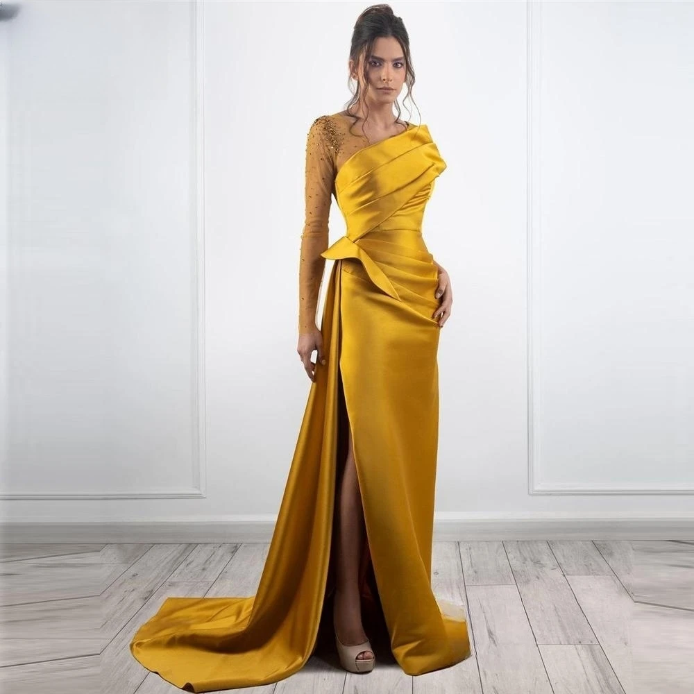 

Vinca Sunny Sexy Off the Shoulder Golden Satin Evening Dresses Long Sleeves sequin Split Pleats Arabic Women vestidos de noche