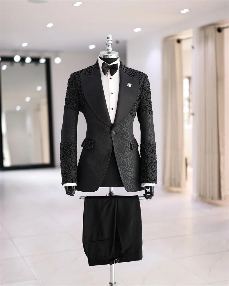 Luxury Black Men Suit Set 2 Pcs Blazer+Pants Printed Crystals Wedding Tuxedos Coat Customized Formal Office Fashion Groom Jacket