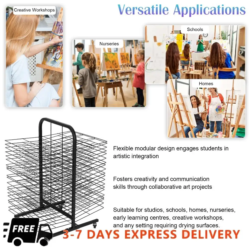 

Сушилка для рисования с 40 съемными полками и 4 колесиками. Подставка для сушки краски 17,7x25 дюймов для классных комнат и студий.