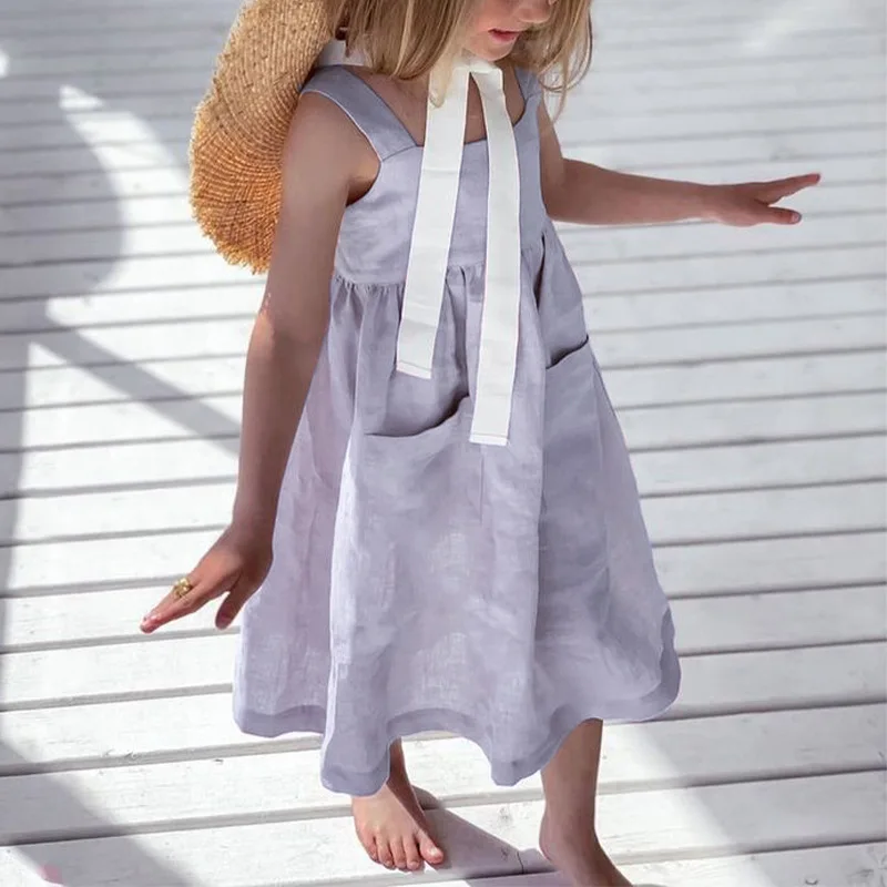 Girls' Cotton Linen Dress Summer Sleeveless Backless Bow Chic Casual Children's Shoulder Strap Skirts Princess Dresses
