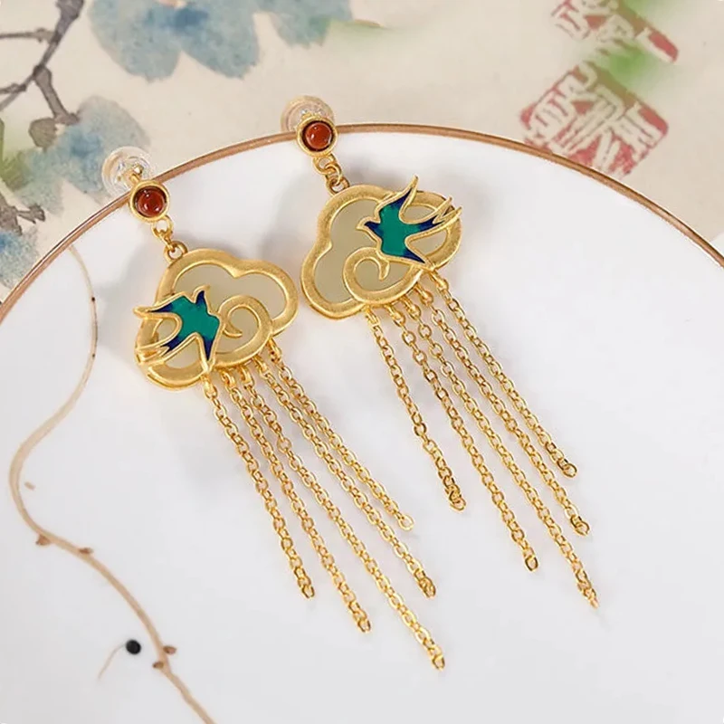 Inspired Design Ancient Gold Craft Inlaid Natural Hetian Jade Enamel Porcelain Small Swallow Tassel Earrings for Women