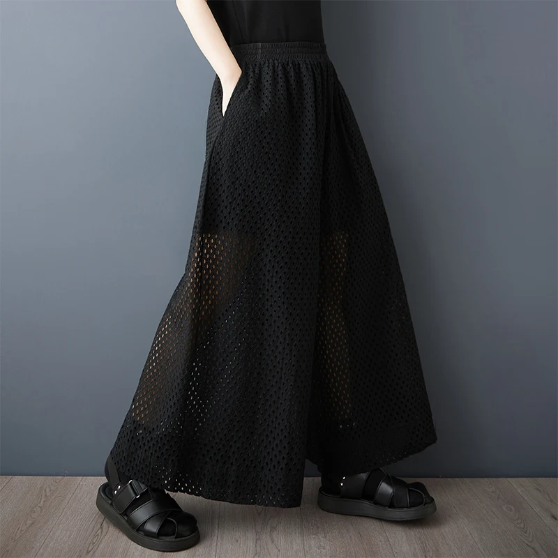 Black Hollow out Casual Pants Loose Fashionable Wide Leg Pants Skirt High Waist Polyester Fiber Summer New Style Women's Pants
