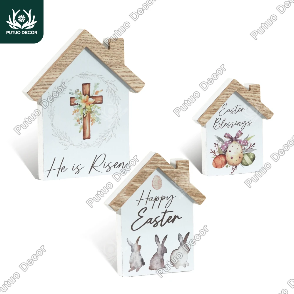 

Putuo Decor 3pc House Shaped Wooden Decor, Happy Easter Blessing, Desktop Decorfor Home Farmhouse Living Room Cafe,Easter Gifts