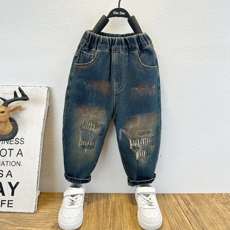 Весенне-осенние детские джинсовые джинсы для мальчиков, изысканные детские брюки для мальчиков, универсальные свободные студенческие брюки для мальчиков, От 2 до 10 лет