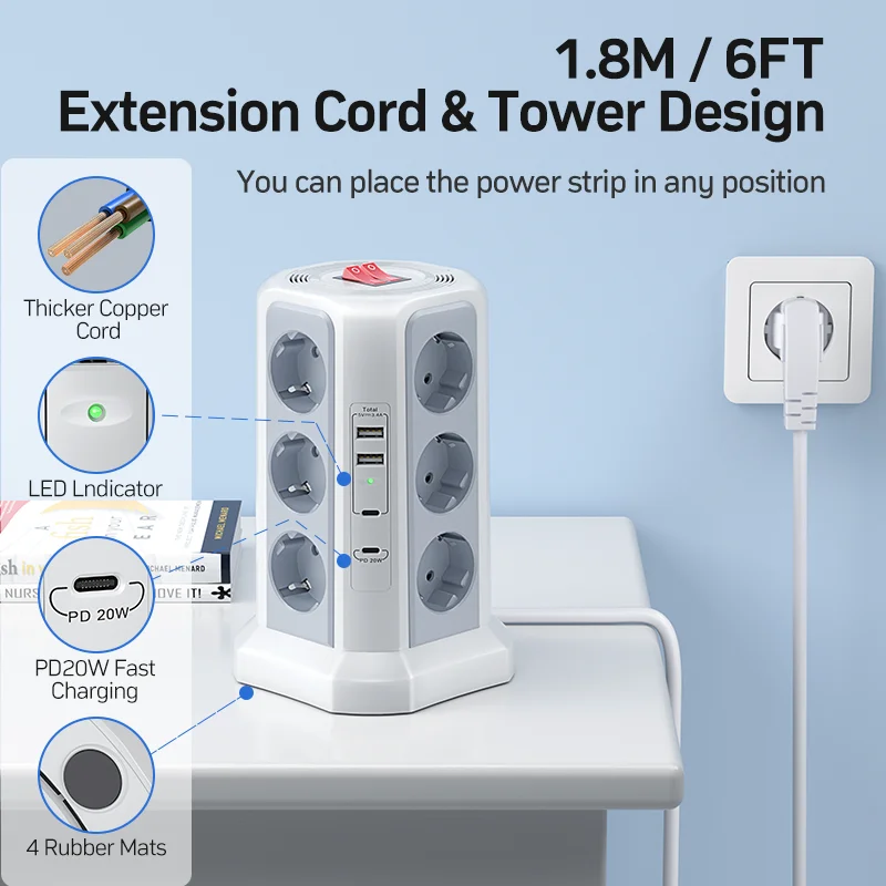 12-bit multi-socket power board 4000W16A, 2 USB A and 2 USB C ports, top merge switch, with 1.8M extension cable gray model