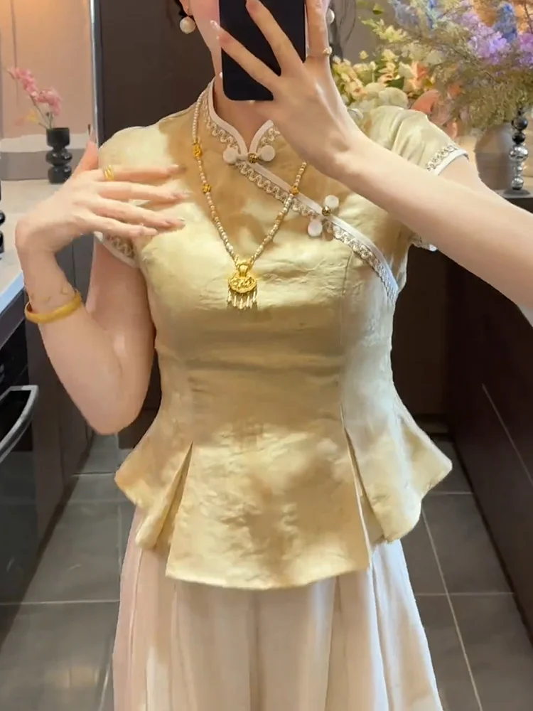 

New Chinese Sle High Waist Slimming Top Women's Faionable Patchwork Buttoned irt Summer 2025 plus Size Ele Spirit