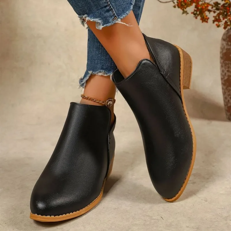 

Women's Ankle Boots Round Toe Chunky Heel Back Zipper Casual Short Boots Faux Leather Black Comfortable Daily Wear Footwear