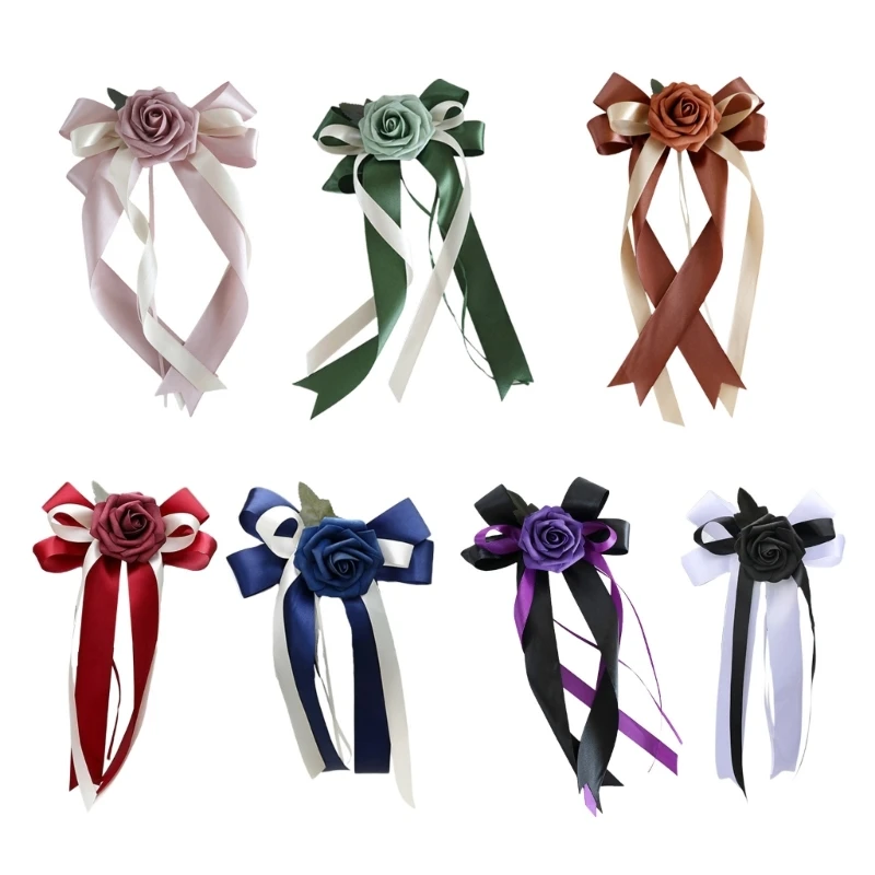 

8Pcs Wedding Car Glasses Decorative Bowknots Hangings Artificial Silk Flower Door Handle Decors for Bridal Vehicle