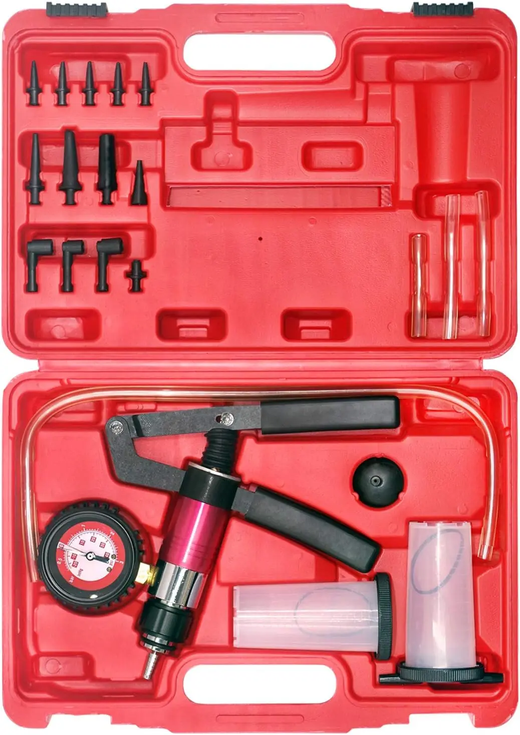 

Hand Held Vacuum & Pressure Brake Bleeder Tool Kit with Gauge, Adapters for Car, Truck, Motorcycle Fluid Change