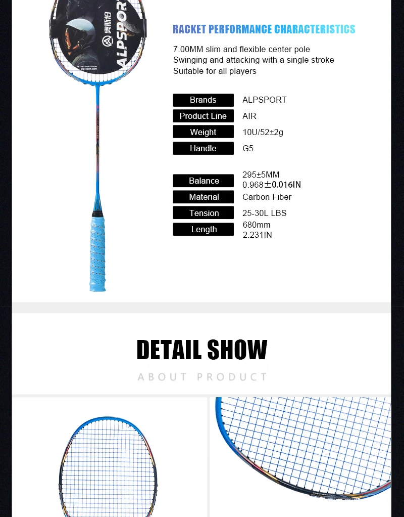 ALPSPORT AIR 10U Ultraleicht 52g T800 Badminton-Schläger Schneller Rebound Importiert Maximal 28lbs 100% Pro Kohlefaser + Titanium Schläger Für mittlere bis fortgeschrittene Spieler – Detail 15