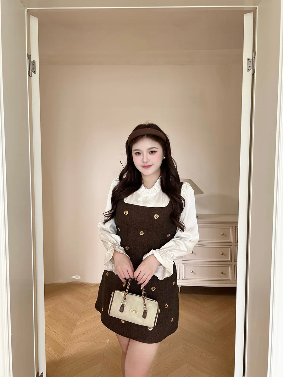 

Gold Bead Beaded Vest Dress Sweet Faux Two-Piece Retro Style Slimming A-Line Skirt Long Sleeve Short Dress for plus Size Women