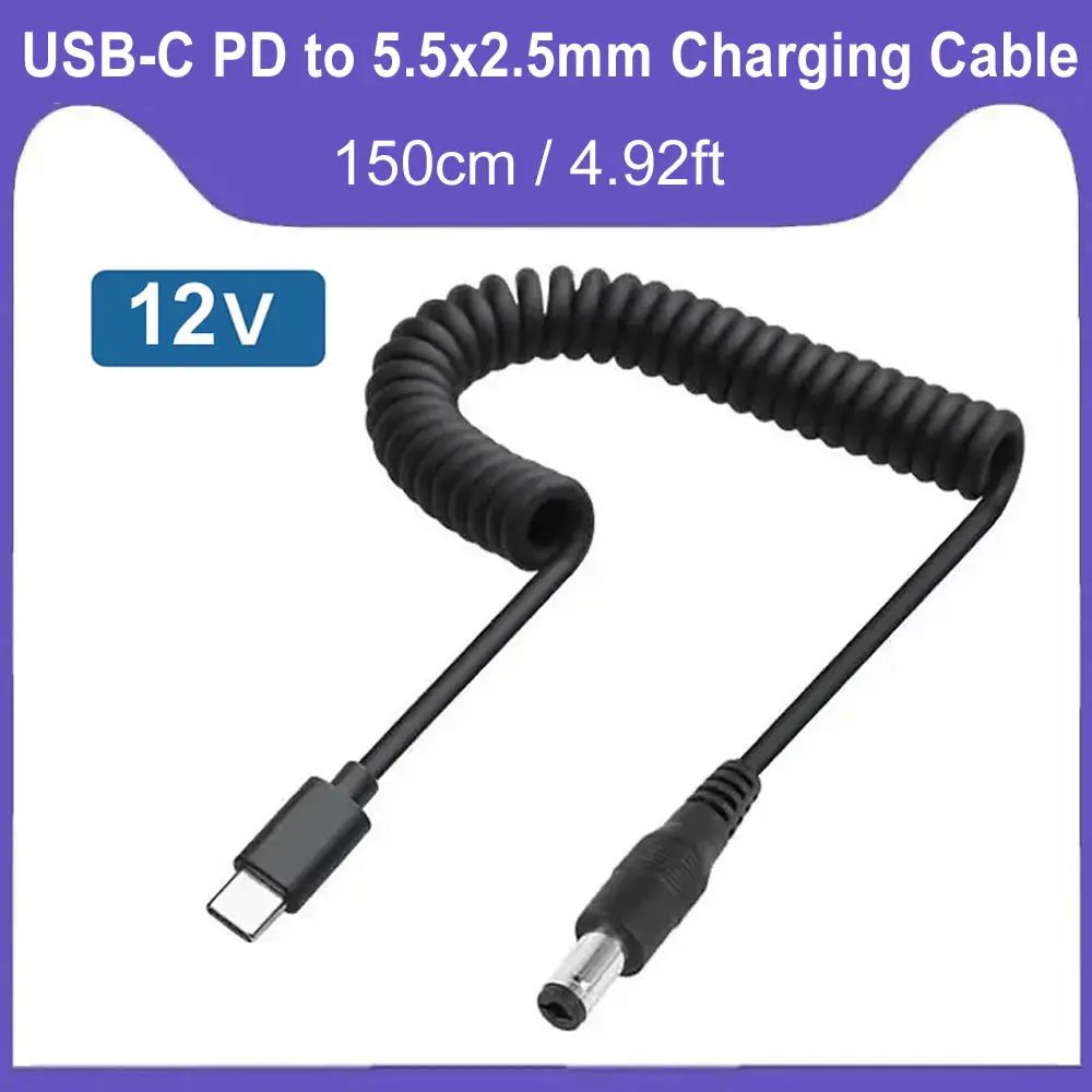 12V 3A USB C Type-C to DC 5.5 2.1 PD Deception Line DP Fast Charging Cable Spring Telescopic DC Power Cord Converter Adapters