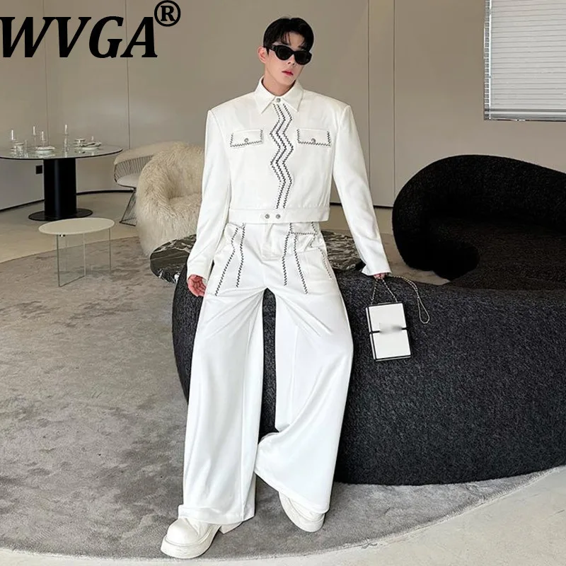 

WVGA Spring Autumn New Men Tide Embroidery Trendy Short Turn-Down Collar Coats Niche Casual Straight Pants Two Pieces Set W16065
