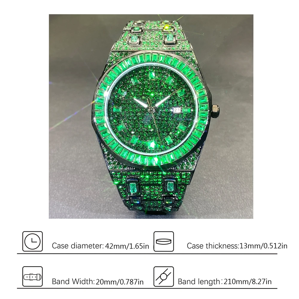 Men Quartz Watches Missfox Brand Baguette Diamond Luxury Green Wristwatch For Male Waterproof Calendar Hand Clock Dropshipping