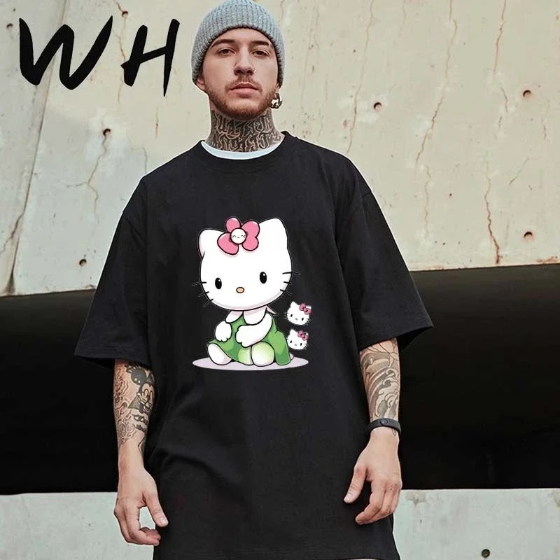 

MINISO, новая летняя мужская милая хлопковая футболка с принтом «Hello Kitty», американский тренд, футболки с короткими рукавами, повседневный топ унисекс большого размера