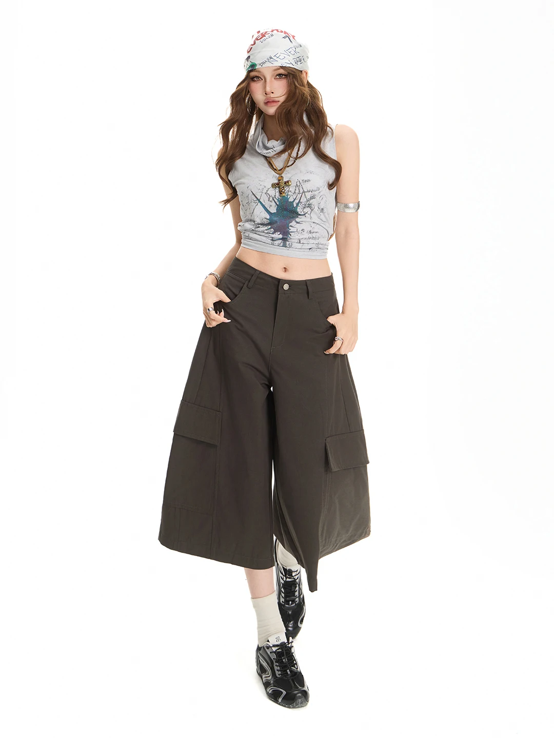 American Workwear Style Multi-Pocket Wide-Leg Denim Shorts Women Summer New Loose Cool Slimming Seven-Foot Pants