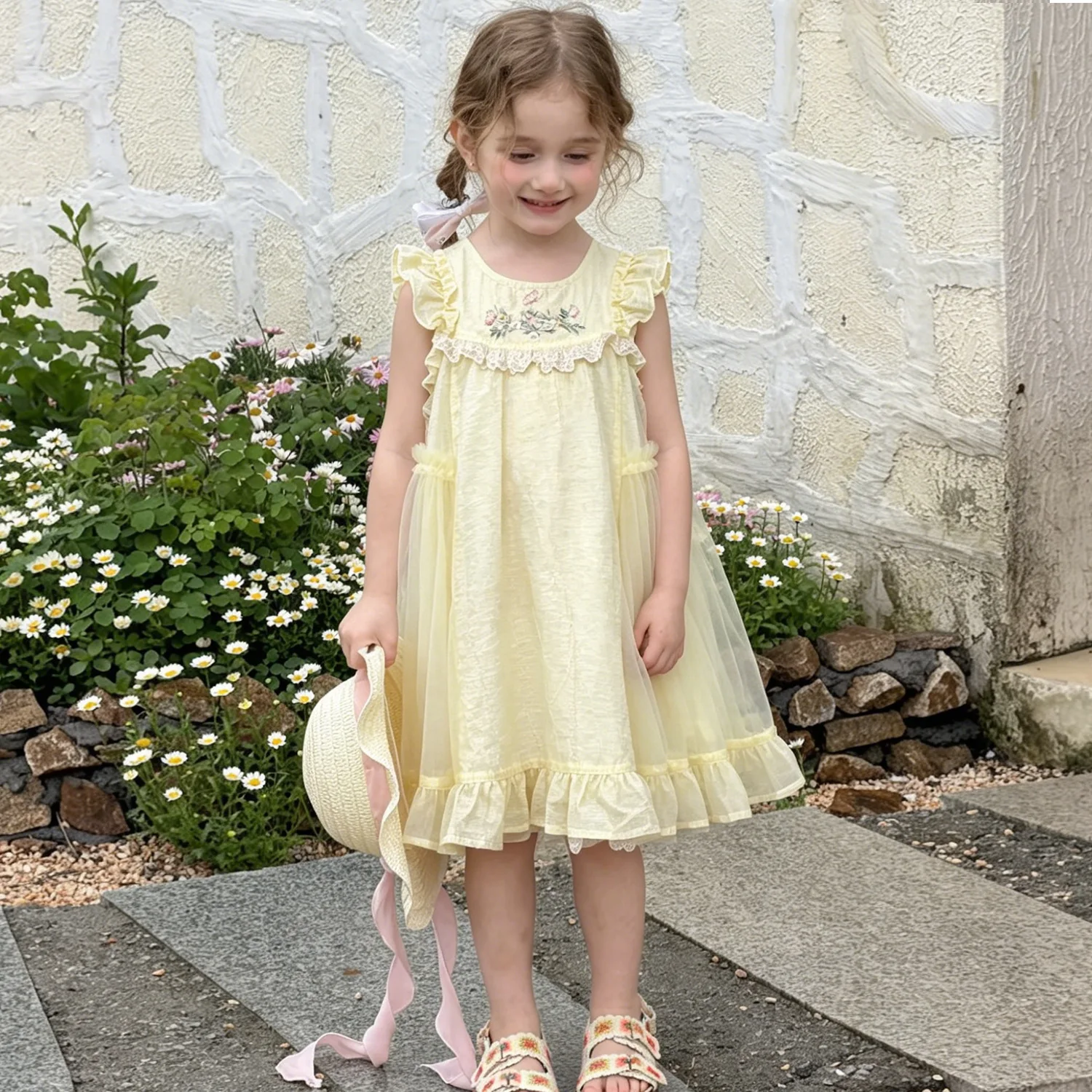 Girls Dress 2026 Summer New Girl Princess Dress Yellow Flower Embroidery Flying Sleeve Mesh Baby Girl Dress