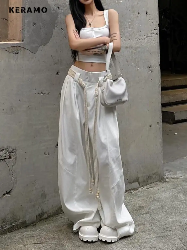 

2025 Summer Street Casual Style High Waist Wide Leg Pants Women's Basics Fashion Loose Fit Vintage Full Length Lace-up Trousers