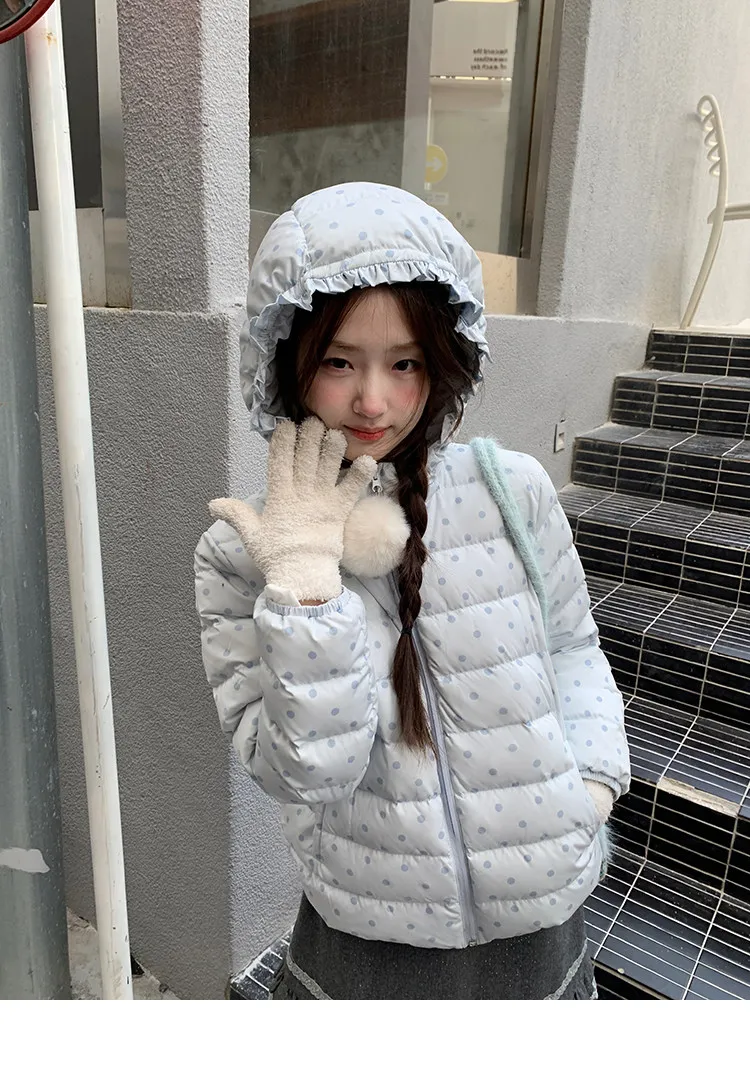 Korean Cropped Polka Dot Hooded Cotton-padded Jacket Women Zip Up Casual Winter Warm Outerwear Woman Sweet Cute Puffer Jackets