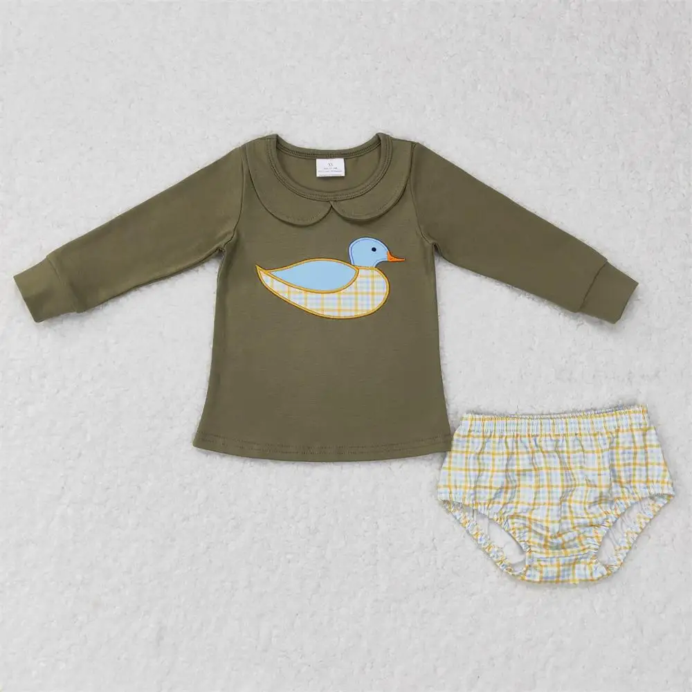 

Wholesale Kid Long Sleeves Cotton Shirt Plaid Bummie Shorts Infant Hunting Outfit Children Baby Girl Toddler Embroidery Duck Set