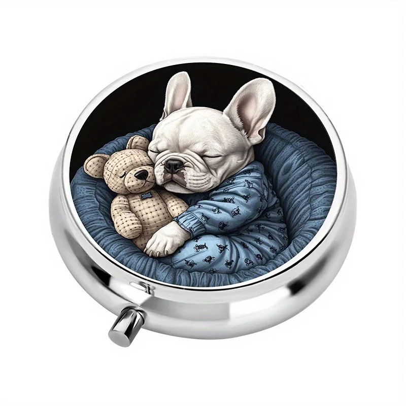 1-Pack, 3-Compartment Divider, French Bulldog Puppy Sleep-Themed Mini Pill Box, Pill Organizer, Unique Travel Gift