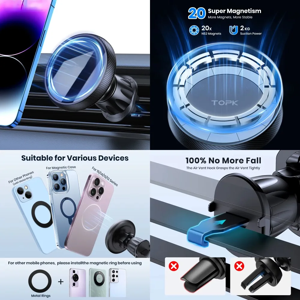 

ftvae For Magsafe Car Phone Holder Powerful Magnetism Premium Quality Single-Hand Operation Metal Hook Magnetic Car Phone Mount