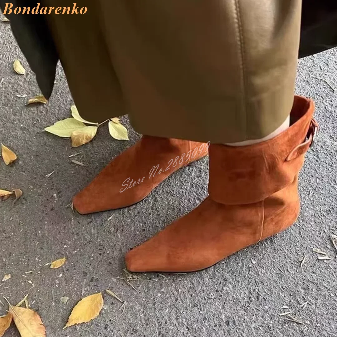 

Suede Solid Flat With Boots Pointy Toe Ankle Buckles Straps Boots New Style Winter Women Shoes Casual Party Fashion Designer