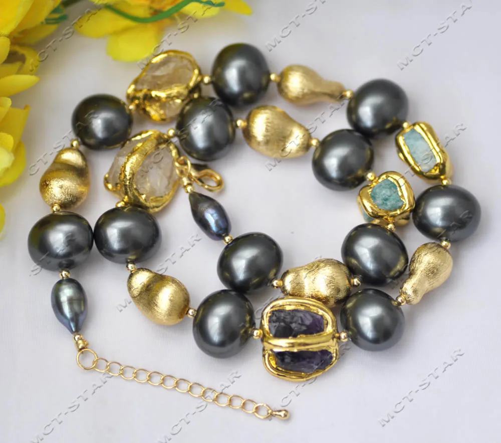 

MTC·STAR 22'' Black Egg Shell Pearl Baroque Citrine Amethyst Aquamarine Peasecod Necklace (Z13576)