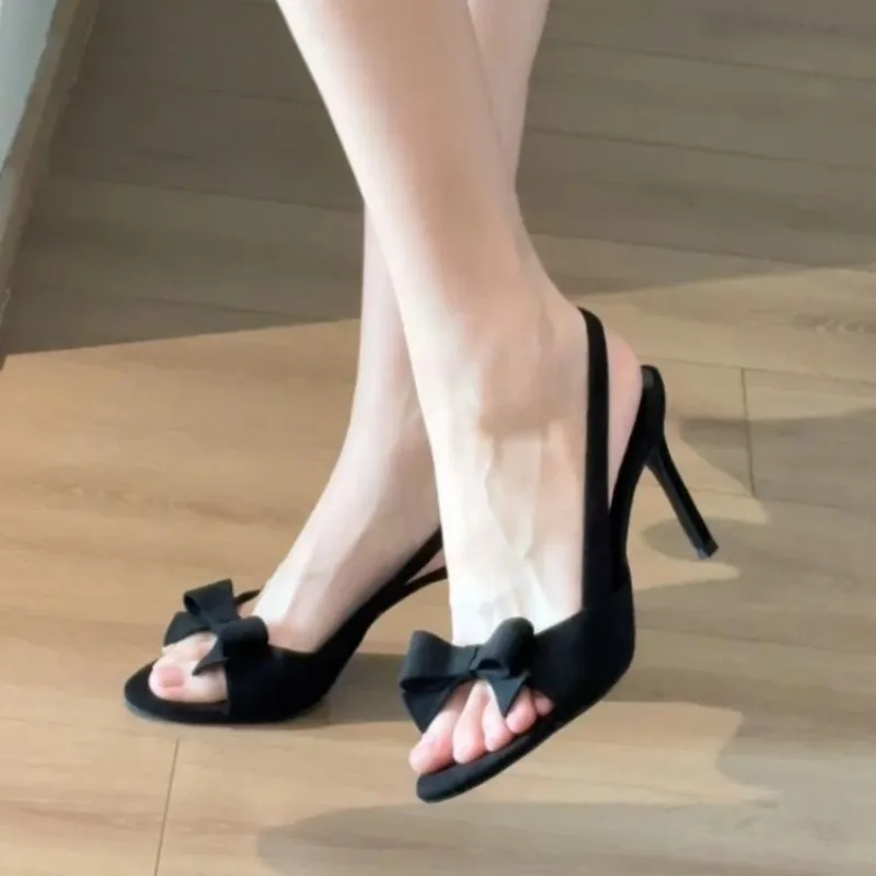 

2025 Summer New Style Fashionable Stiletto High Heels with Bows, Sexy Toe-exposing Back Elastic Band Sandals for Women, 34-39