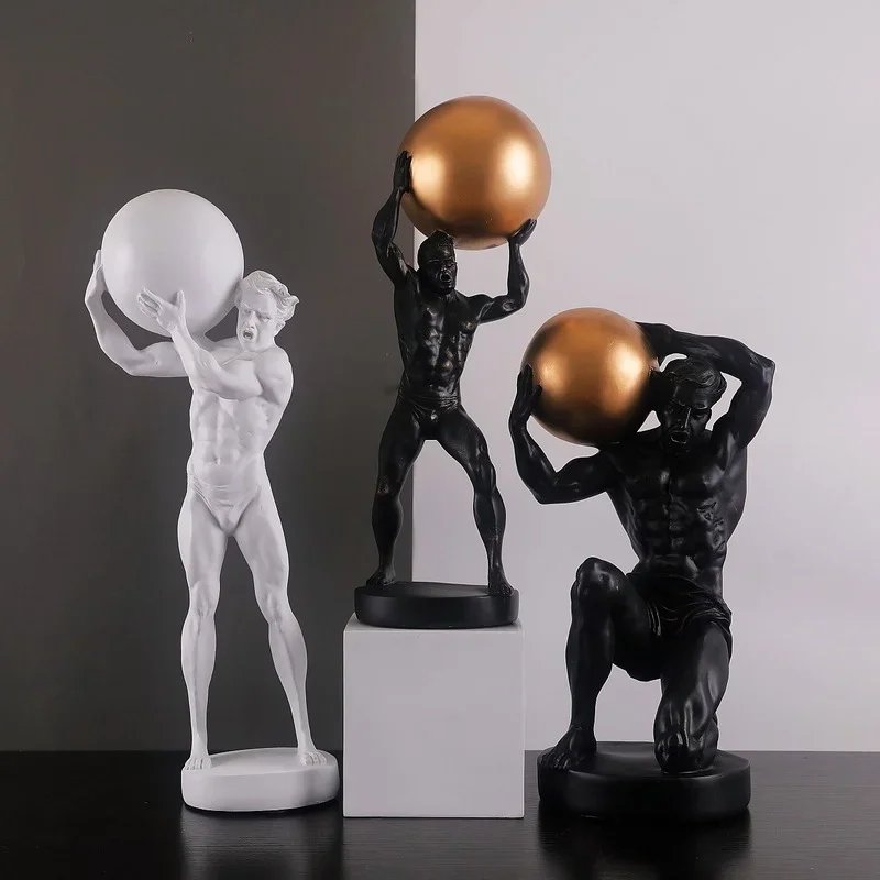 

Modern Abstract Hercules Lifting Ball Sculpture Bookcase Furnishings Resin Figure Statue Weightlifter Figurines Home Decoration