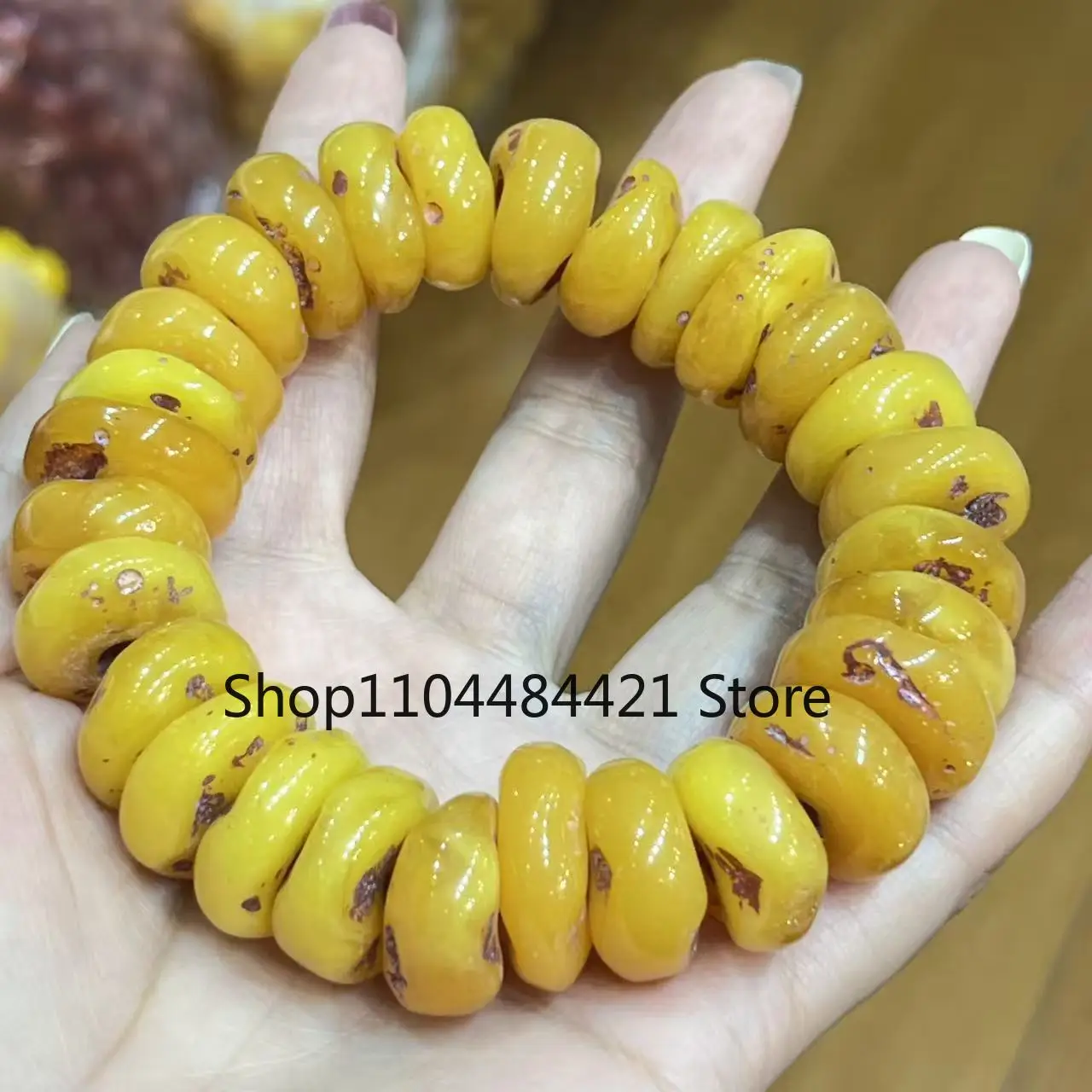 Amber Yellow Beeswax Old Honey Wax Amber Bracelet Round Barrel Bead Hand Row for Men Hand Bangle Suitable for 15-25cm