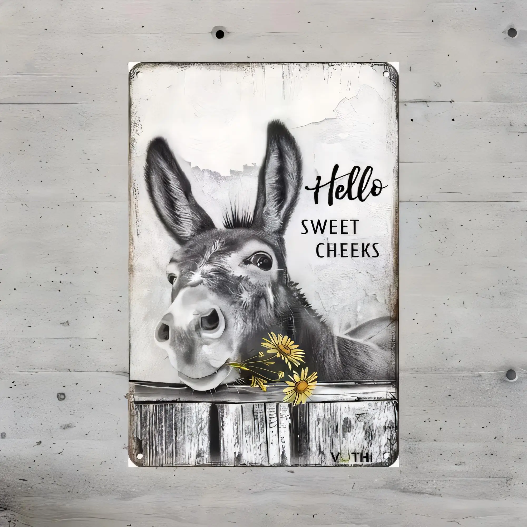 Tin Sign Farmhouse Donkey Wall Decor “Hello Sweet Weeks” Vintage Gray Rabbit Animal Poster Metal Tins Sign for Home Kitchen Barn