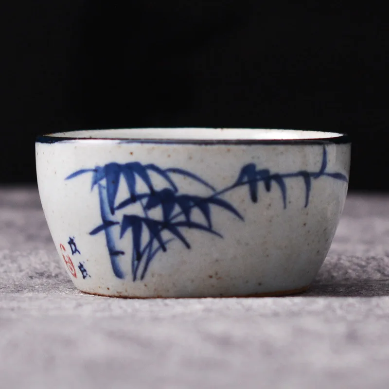 

Hand-Painted Blue & White Coarse Pottery Teacup Set - Ceramic Gongfu Tea Cup, Small Cup for Pu'er Tea Ceremony