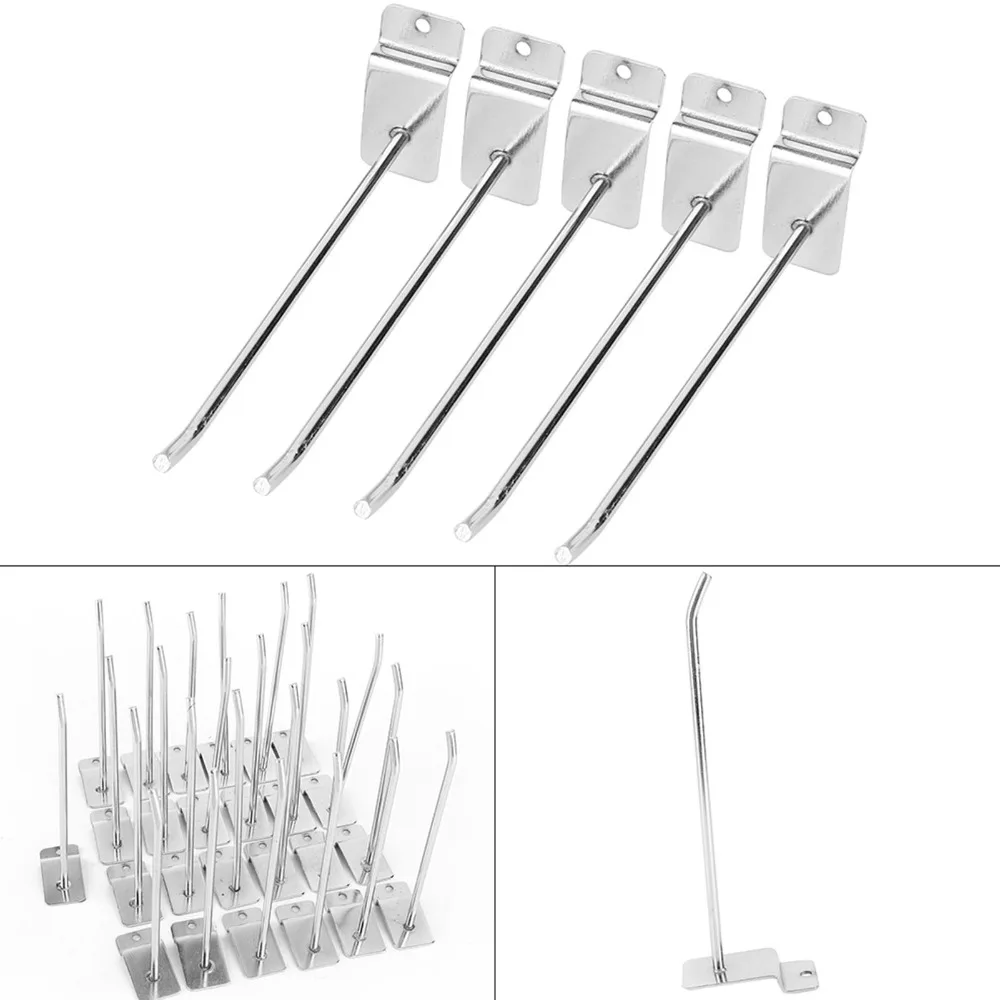 25pcs Durable Heavy Duty Slat Wall Hooks Silver 6 Inches/15 CM Display Hooks Assortment Set Bulk Set Shelf Brackets Retail