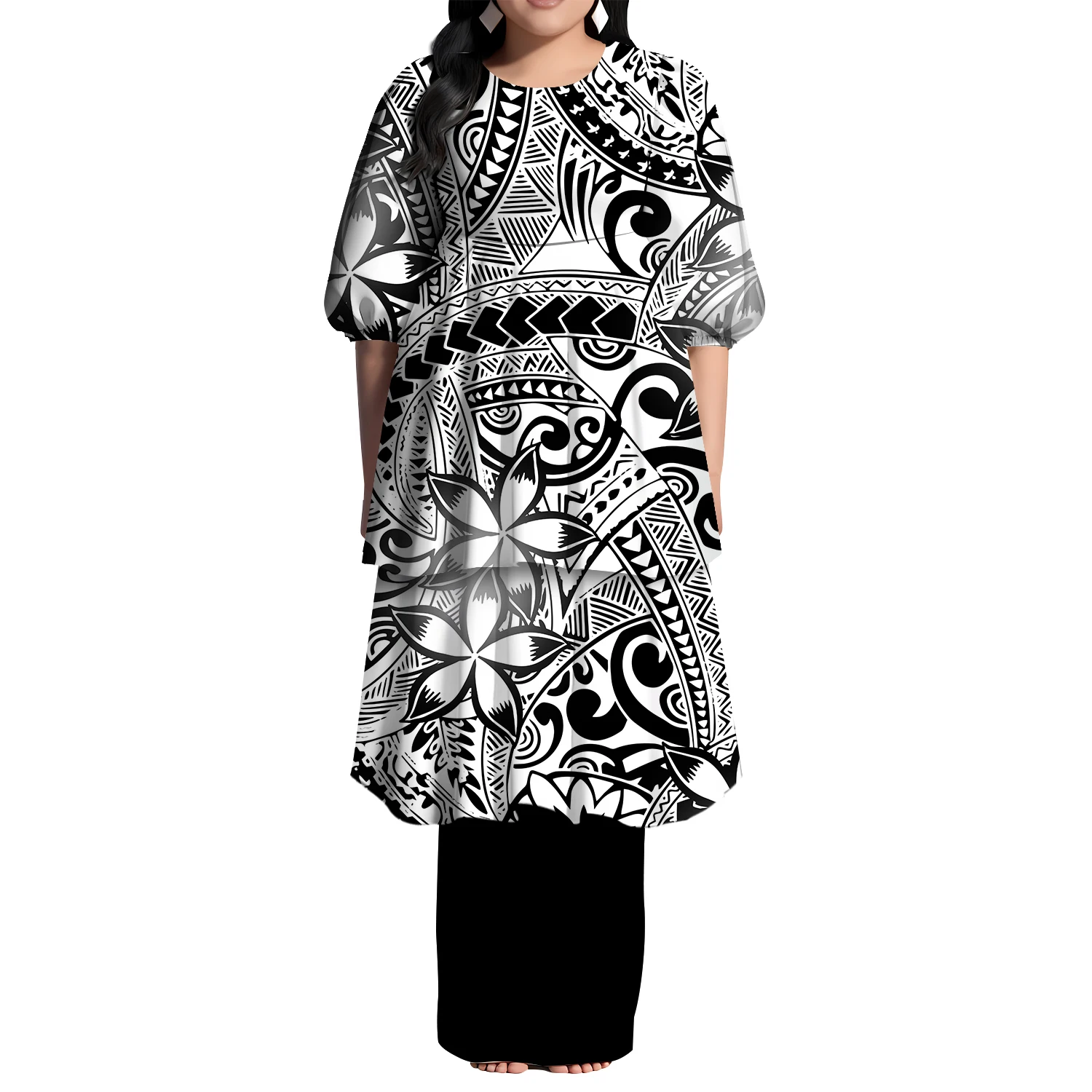 Recién llegado, vestido largo azul con volantes Puletasi, diseño personalizado de estilo Hawaiano, vestido de manga corta, vestido Tribal polinesio para mujer, 2 piezas